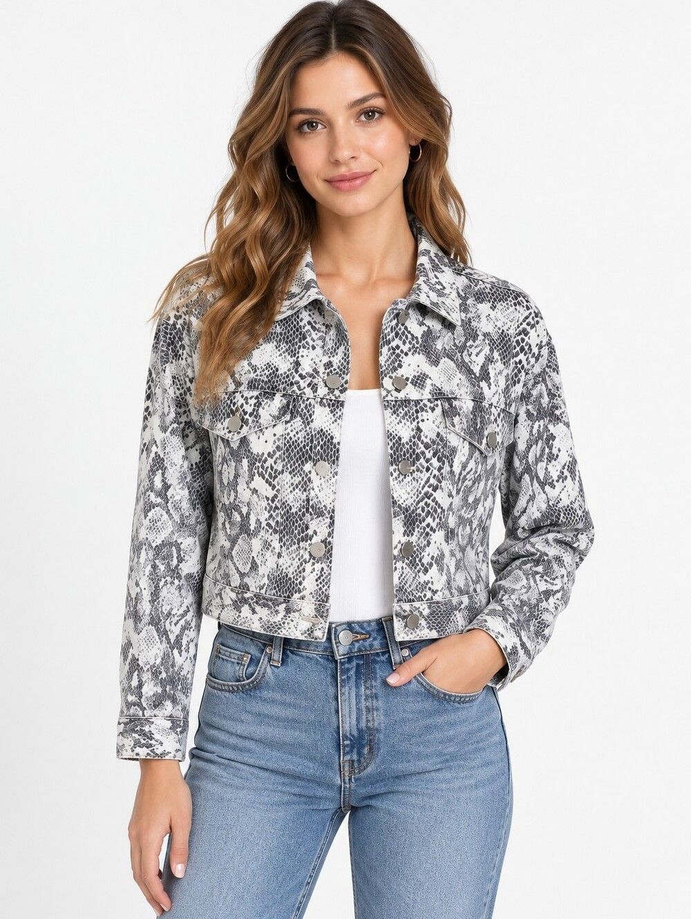 EUC &Denim women's denim cotton snakeskin print jean jacket, XS white